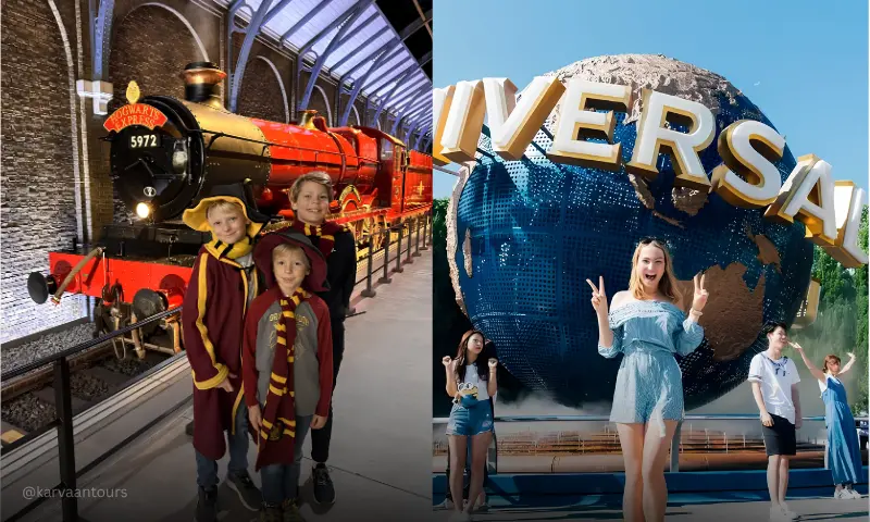 A split-screen image. The left side shows three young boys dressed in Gryffindor robes posing happily in front of the Hogwarts Express locomotive. The right side shows a young woman flashing peace signs in front of the giant, rotating Universal Studios globe on a sunny day.
