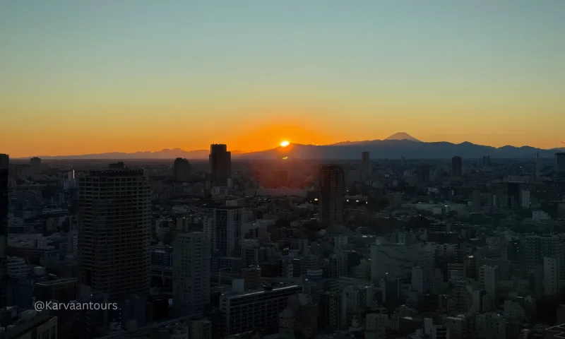Tokyo sunset skyline with Mount Fuji visible in the distance
