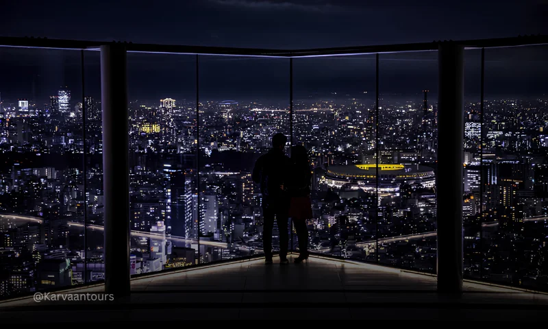 Couple admiring Tokyo skyline at night from observation deck