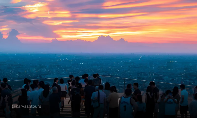Visitors watching sunset from Tokyo City View Sky Deck in Tokyo