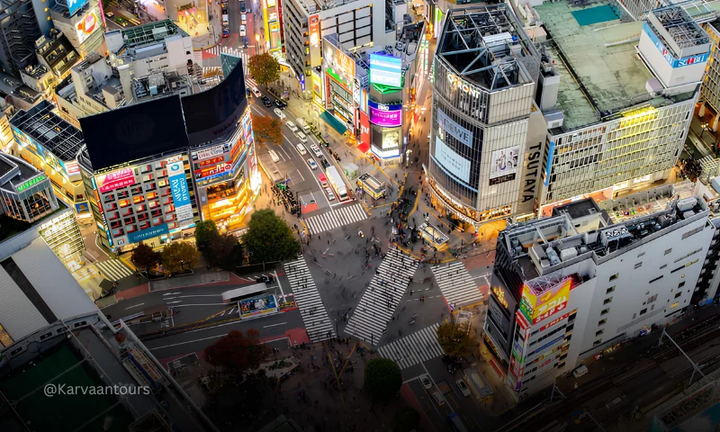 Aerial view of Shibuya Scramble Crossing in Tokyo Japan