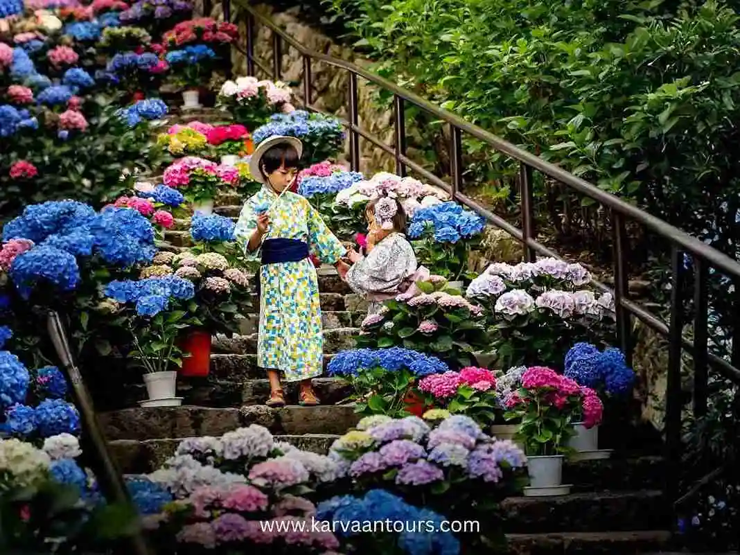 Children in yukata walking through colorful hydrangea-lined stone steps in Japan