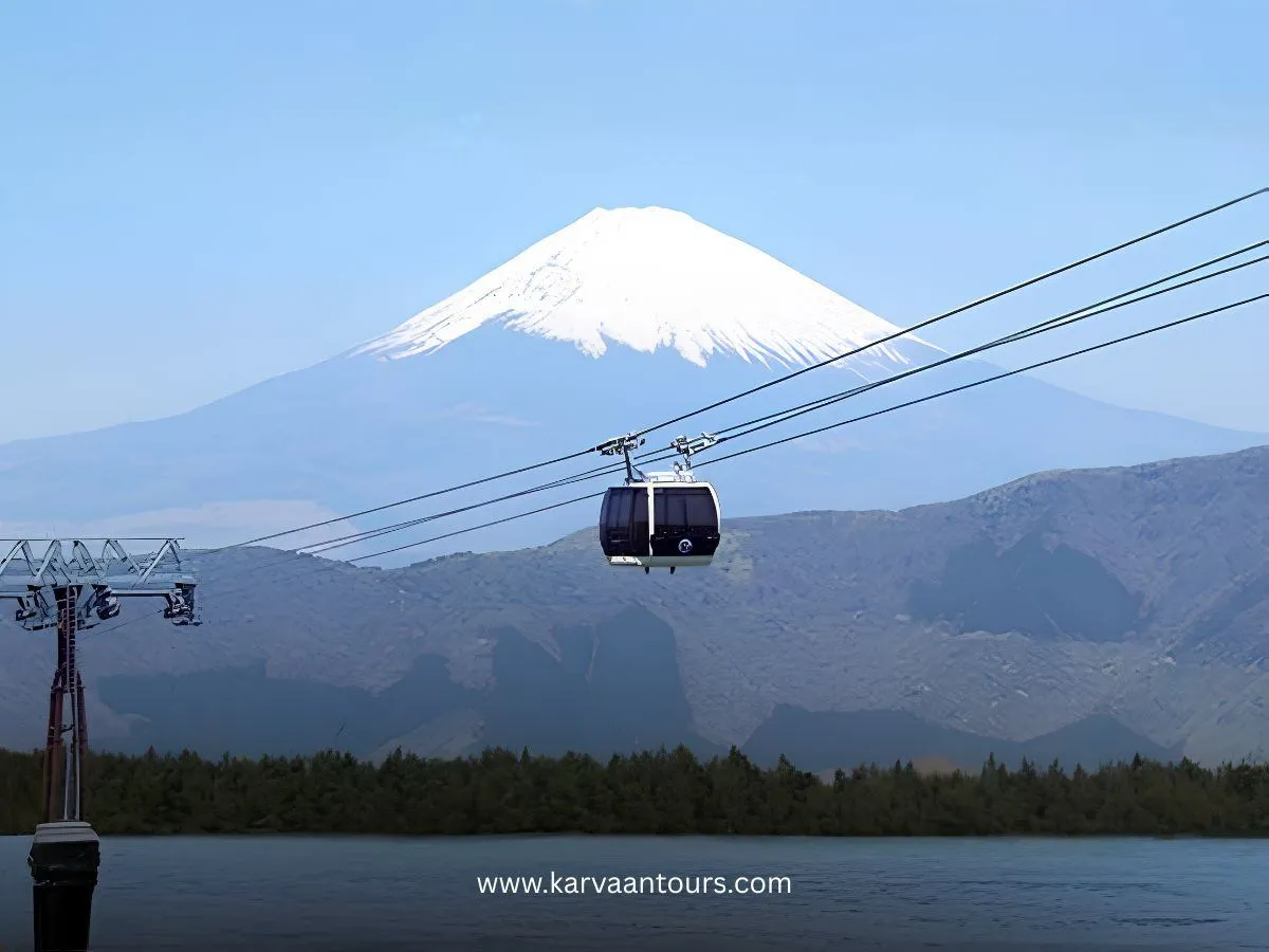 A cable car suspended on wires above the water of Lake Kawaguchiko, with the iconic, snow-covered peak of Mount Fuji dominating the background under a clear, bright sky.