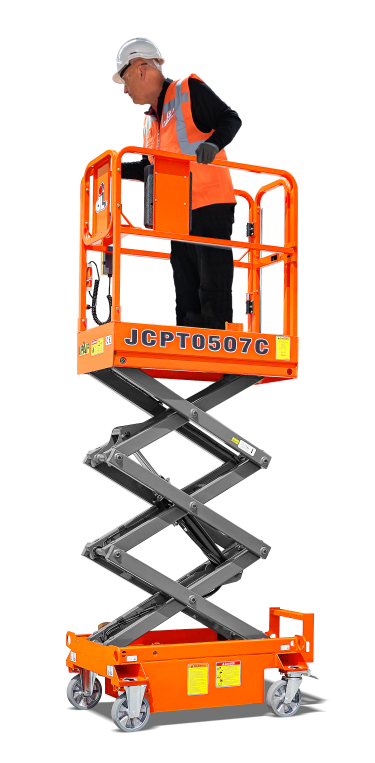 Photograph of the 020020 Dingli JCPT0507C Micro Scissor Lift PAV, extended with operator Main Image