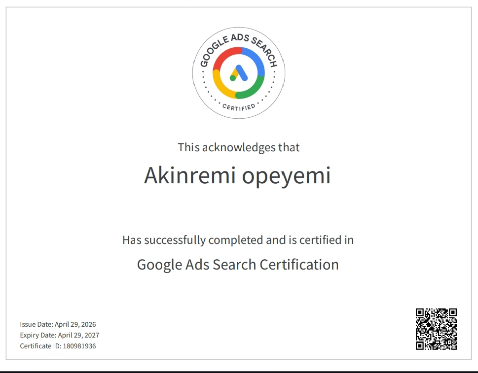 Opeyemi Akinremi Digital Marketing Certification