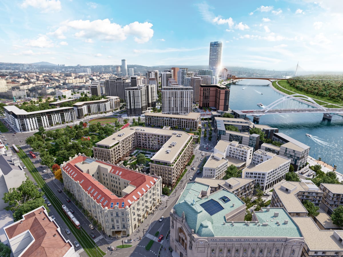 Beograd na vodi — panoramski pogled na kompleks Belgrade Waterfront uz reku Savu