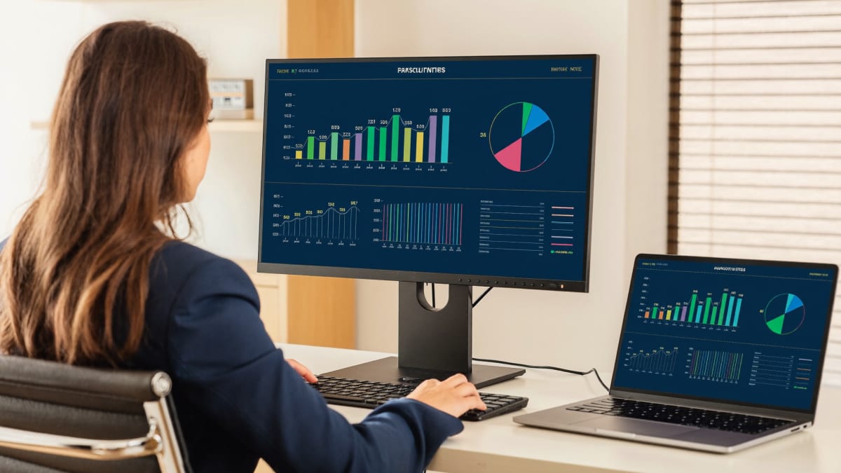 Agentkinja za nekretnine analizira statistiku i grafikone na ekranu uz podršku veštačke inteligencije