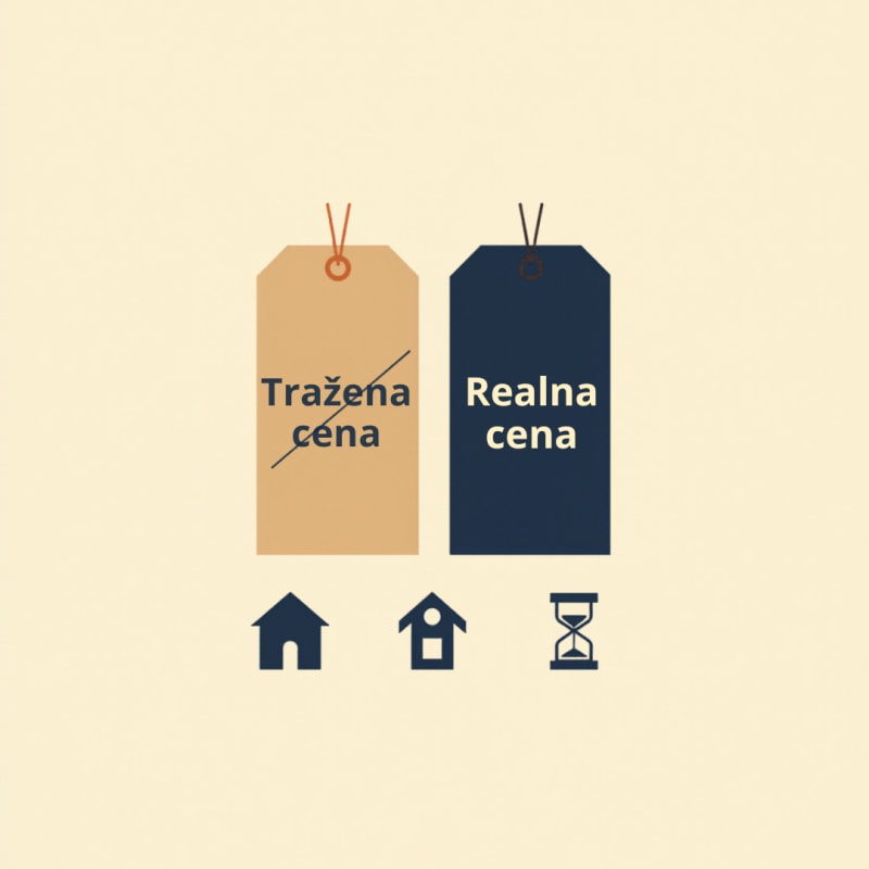 Tražena cena naspram realne cene stana — precrtana viša i istaknuta niža cena