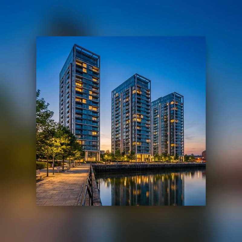 Moderne stambene kule i šetalište pored reke u kompleksu Beograd na vodi u sumrak