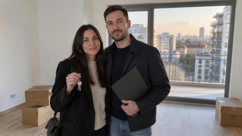 Mlad par stoji u praznom novom stanu sa kartonskim kutijama; žena drži ključeve, muškarac fasciklu, a iza njih je veliki prozor sa pogledom na stambene zgrade.