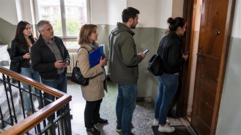 Pet ljudi različitih godina čeka na stepenišnom odmorištu starije beogradske zgrade ispred odškrinutih vrata stana, sa telefonima i fasciklama u rukama.