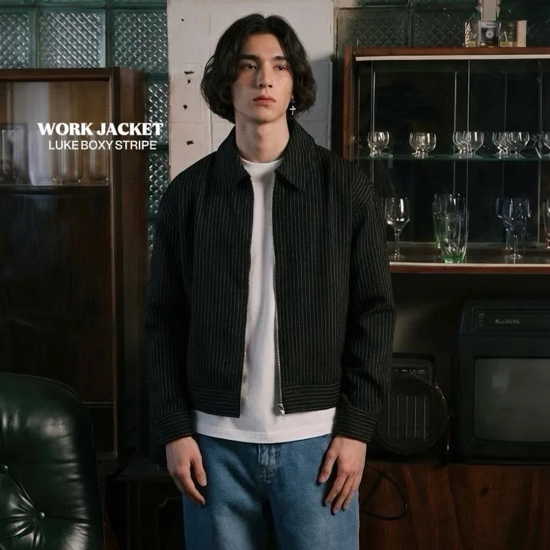 Work Jacket Luke Stripe Boxy Semiwool Black