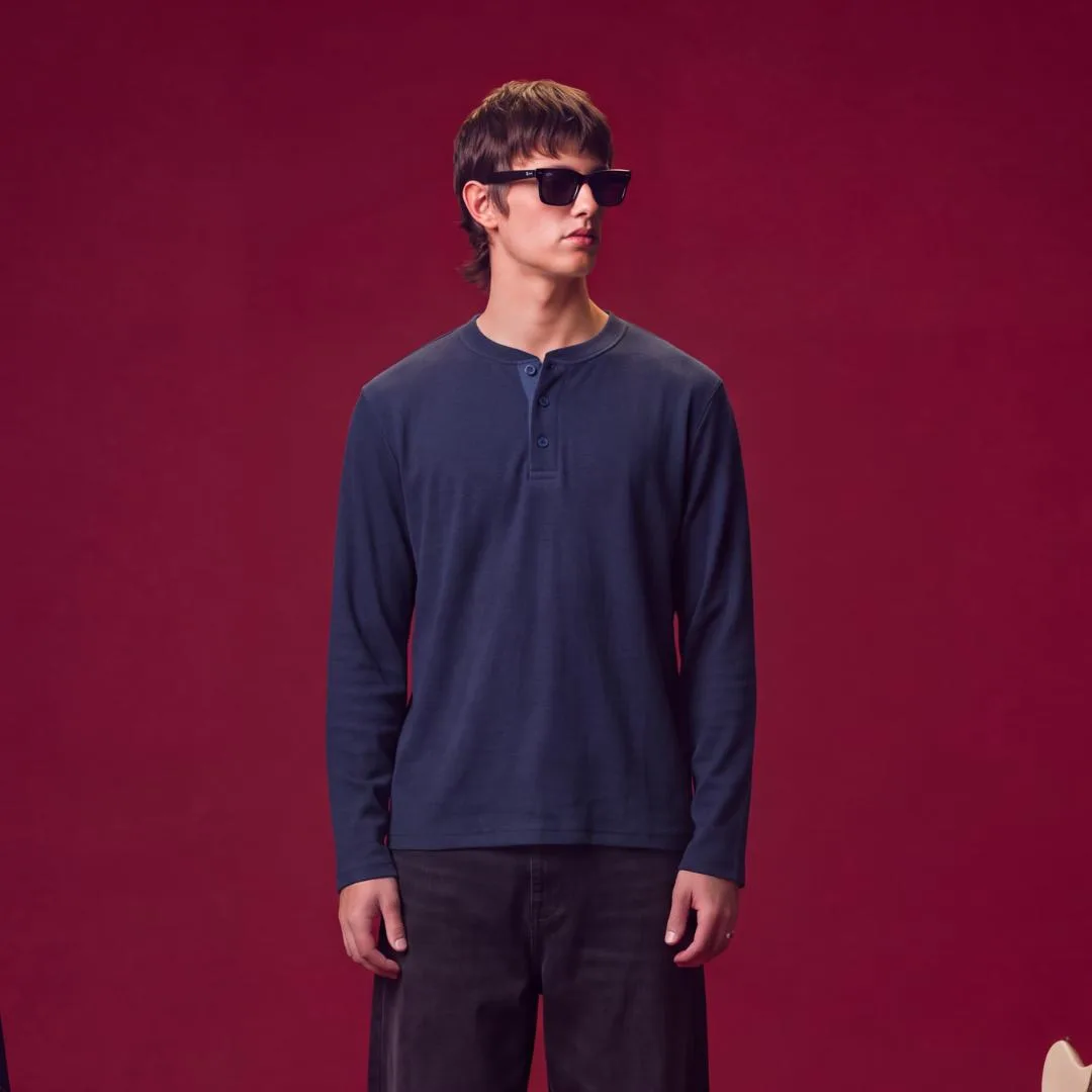 Henley Fitted Long Sleeve Kaos Lengan Panjang Knit Stretch