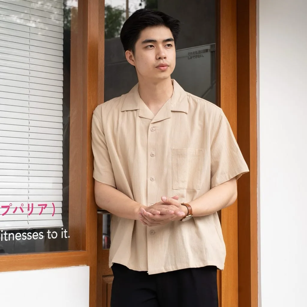 Kemeja Elano Cuban Bowling Linen Oversize Lengan Pendek Pria