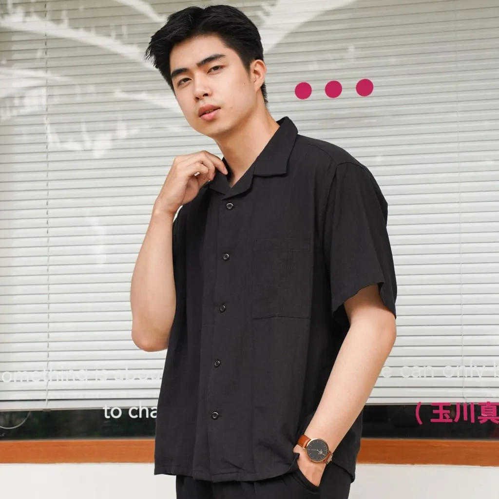 Kemeja Elano Cuban Bowling Linen Oversize Lengan Pendek Pria