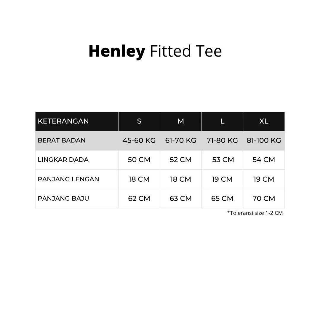 Tabel ukuran Henley Fitted Tee Kaos Polos Lengan Pendek Knitwear Stretch