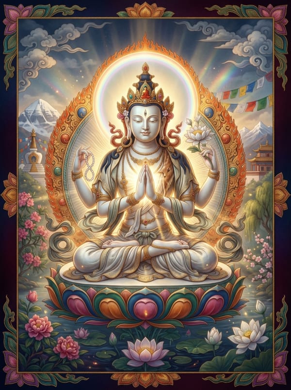 Thangka painting of Avalokiteshvara (Tchenrezig)