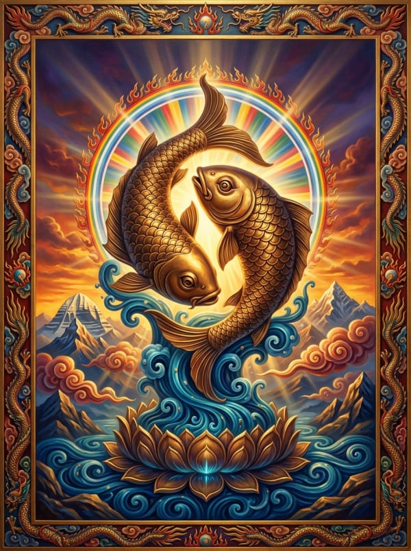 Thangka painting of The Golden Fish