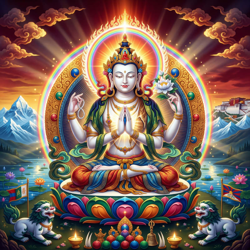 Sacred Tibetan Thangka Art - Buddhist deity with intricate traditional iconography and vibrant colors