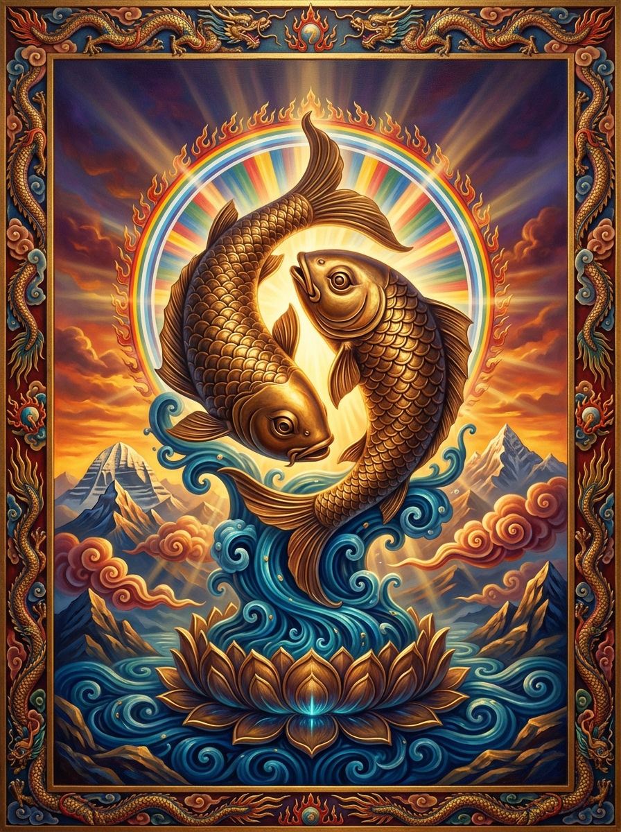 The Golden Fish The Golden Fish - Traditional Style Tibetan Thangka Art featuring Golden Fish
