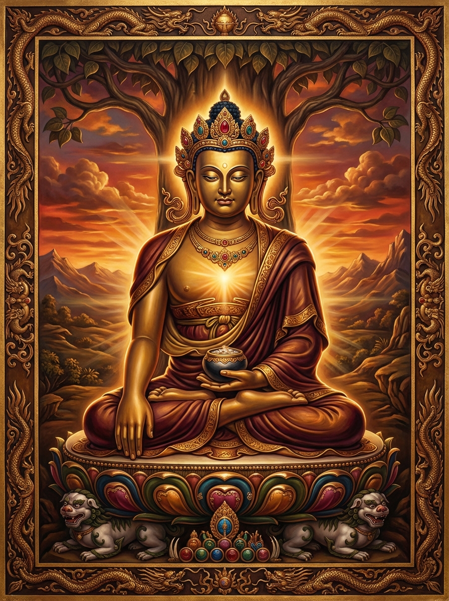 Shakyamuni Buddha Shakyamuni Buddha - Traditional Style Tibetan Thangka Art featuring Shakyamuni Buddha