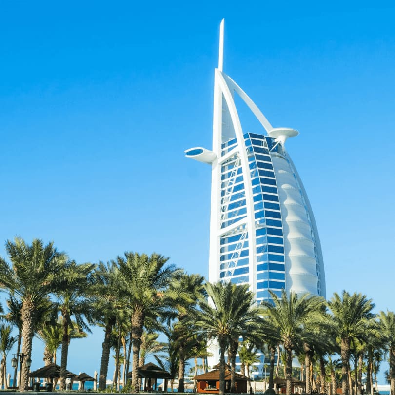 Burj Al Arab and palm trees in Dubai