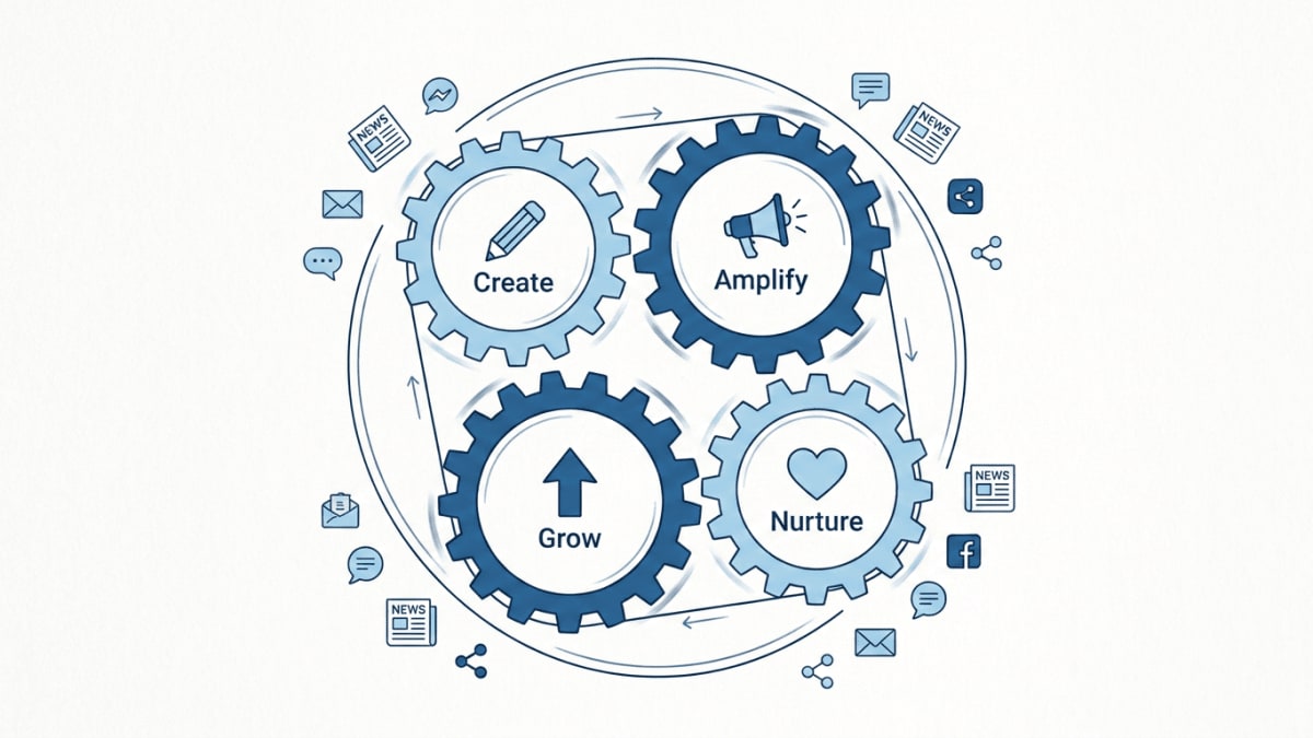 Hub-and-spoke diagram of the newsletter flywheel with create, amplify, nurture, and grow as the four spokes feeding back into the newsletter at the center
