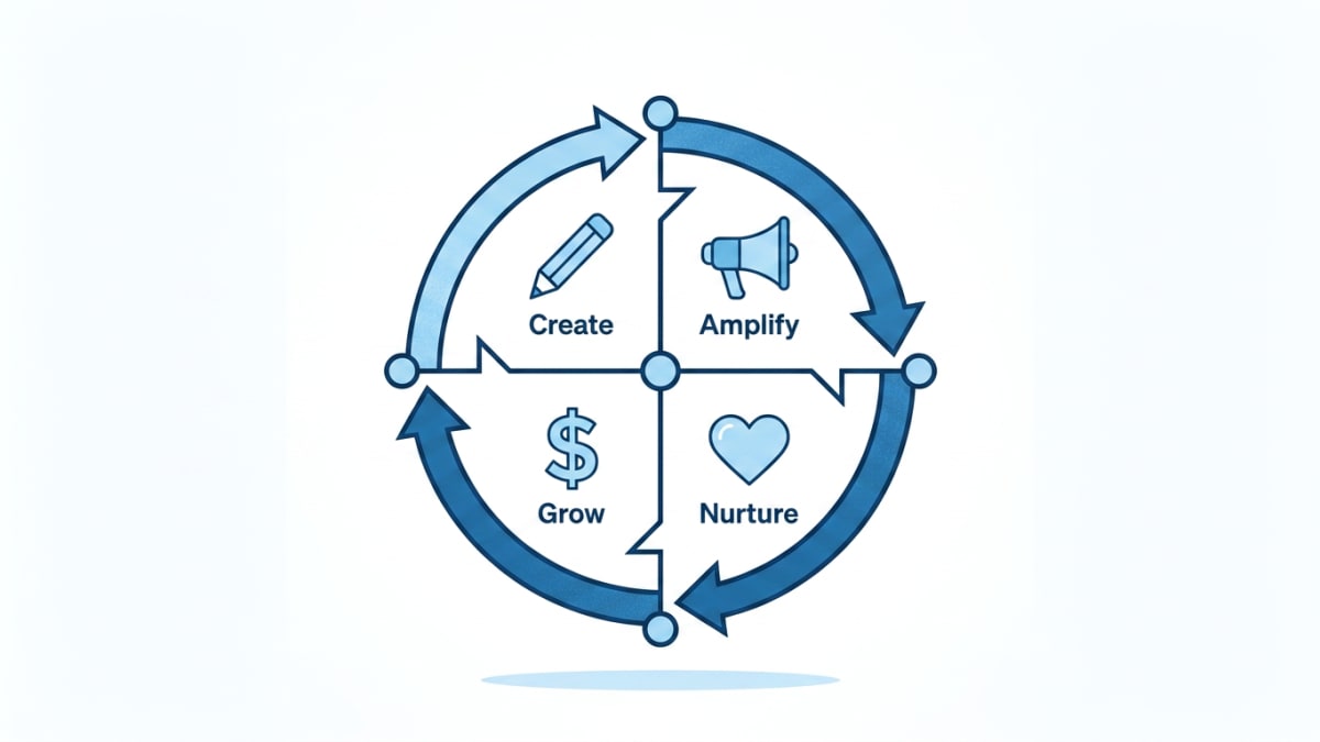 Hub-and-spoke diagram of the newsletter flywheel with create, amplify, nurture, and grow as the four spokes feeding back into the newsletter at the center