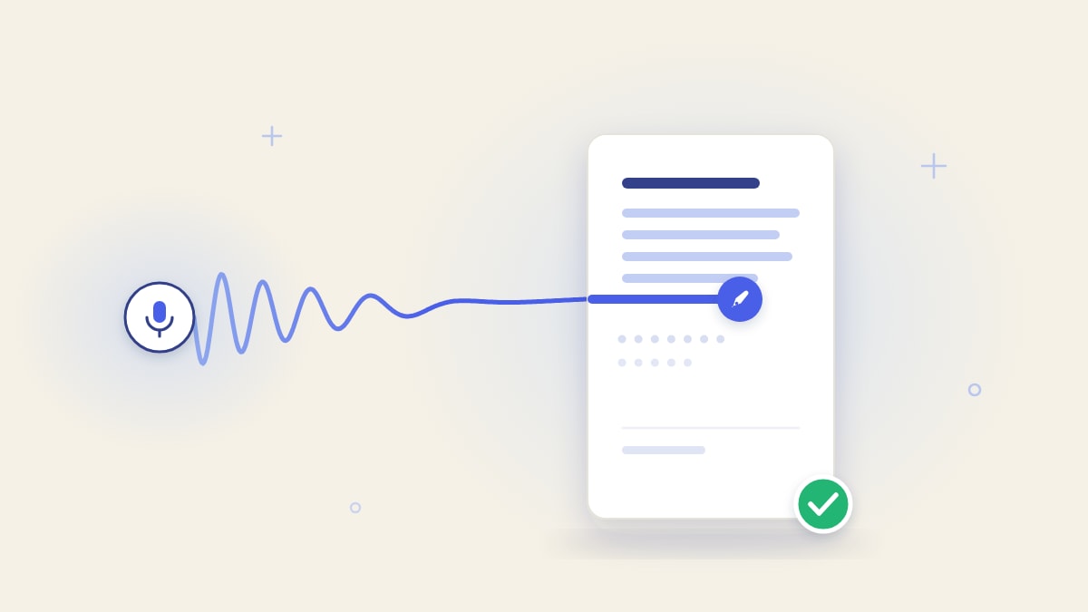 Illustration of a voice-recording waveform smoothing into the written lines of a newsletter page with a pen on the current line and a green check on the corner