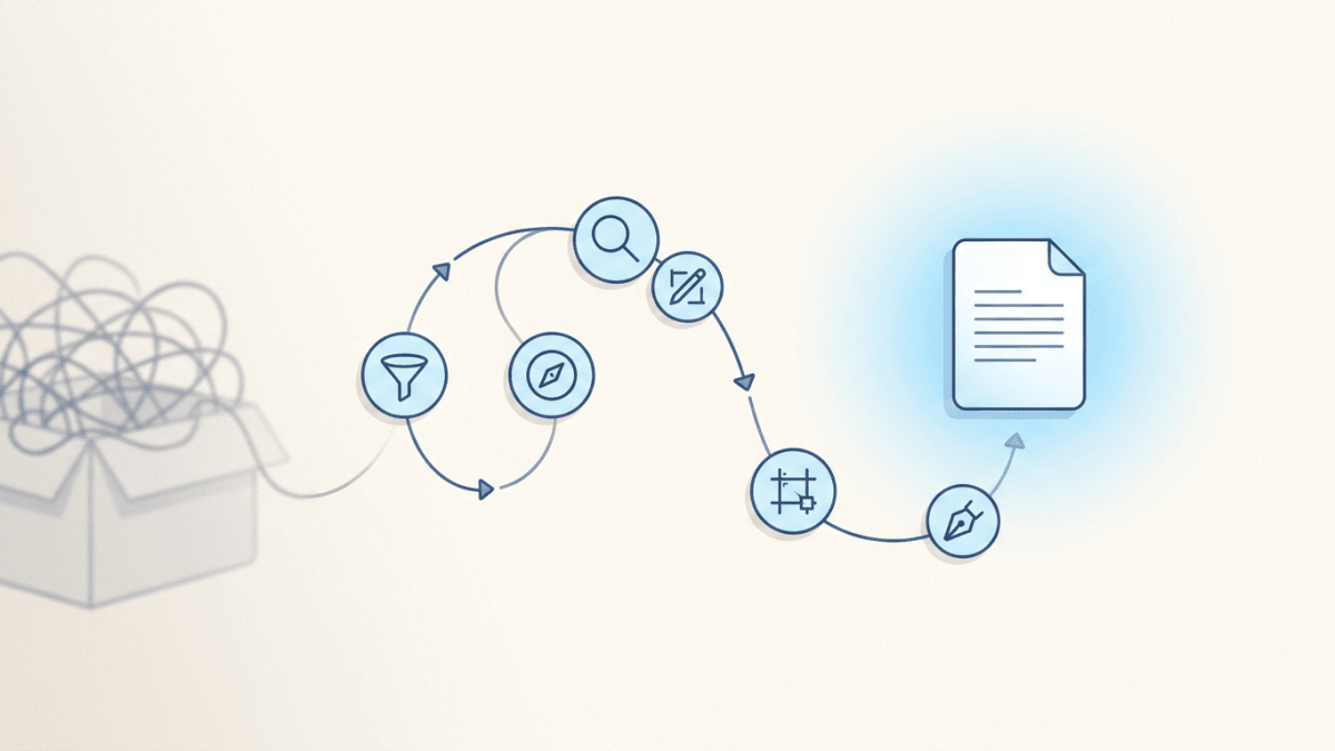 Flyletter newsletter pipeline visualization: a tangled raw idea in an open box flows through a relay of specialized agent icons to a finished newsletter document