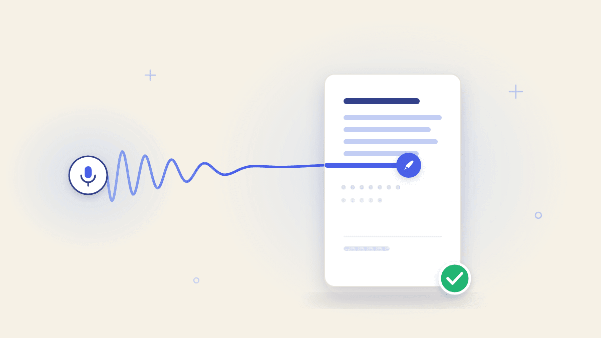 Illustration of a voice-recording waveform smoothing into the written lines of a newsletter page with a pen on the current line and a green check on the corner
