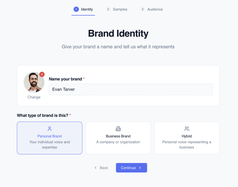Brand identity setup screen in Flyletter with fields for brand name and brand type selection