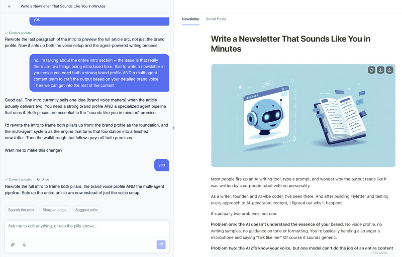 Refine Agent chat panel open beside a newsletter draft in Flyletter, with the user requesting a tone adjustment