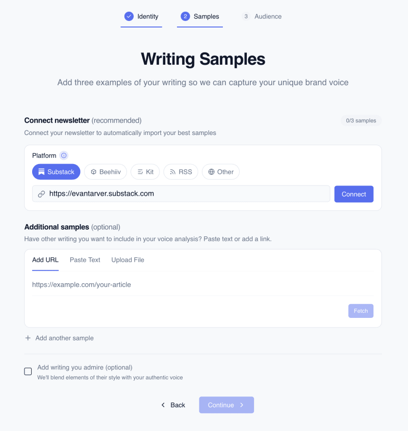 Writing samples input screen with options to connect a newsletter URL, add samples manually, or add admired writers
