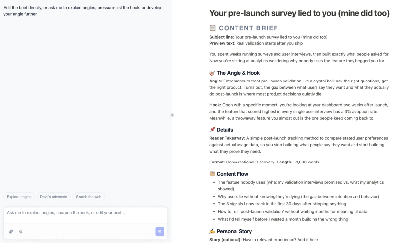 Thought Partner chat interface in Flyletter expanding a saved idea into a structured content brief with research and source suggestions