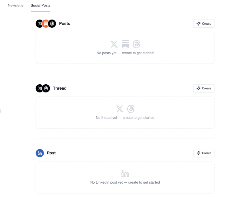 Flyletter newsletter studio with the Social Posts tab selected, showing platform options for X, Threads, Substack, and LinkedIn