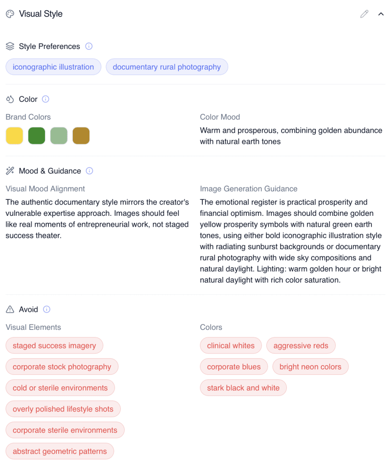 Brand profile visual style section in Flyletter showing brand colors, color mood, visual mood alignment, and image generation guidance