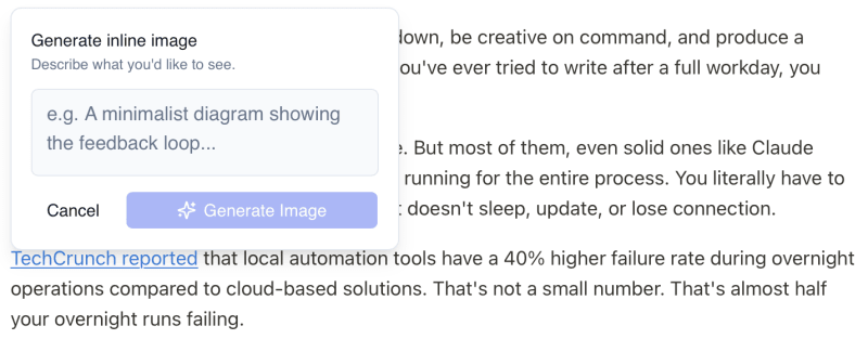 Inline image generation flow in Flyletter showing the slash command interface and a generated inline image inserted into the newsletter draft