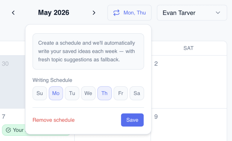 Auto-write schedule configuration screen in Flyletter showing day-of-week toggles and a per-idea calendar picker for scheduled publishing