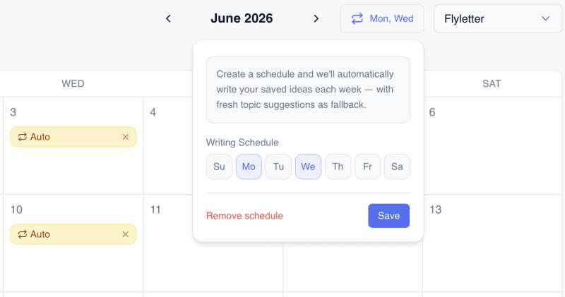 Flyletter auto-write schedule interface with a queue of topic ideas loaded for the week and overnight drafts ready for review