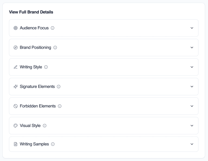 Flyletter brand profile detail view showing the full set of profile categories