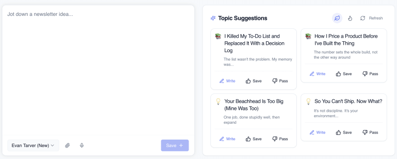 Flyletter idea board with saved topic ideas and automatic topic suggestions with upvote and downvote controls