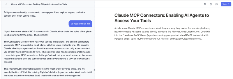 Flyletter Thought Partner chat open beside a saved idea, answering a research request on the idea's topic