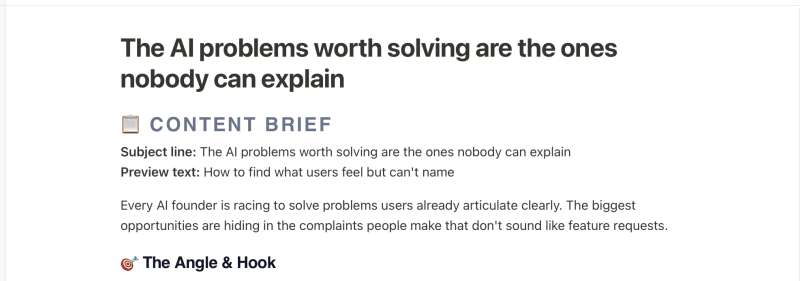 Flyletter content brief showing the subject line, preview text, summary, and Angle and Hook section