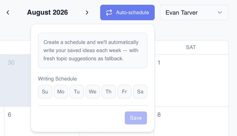 Flyletter Auto-write schedule settings with day-of-week toggles for automated newsletter drafting