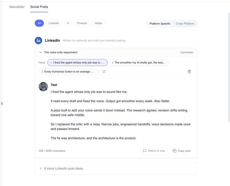 Flyletter Social Posts tab showing a generated LinkedIn post with hook options and platform filters
