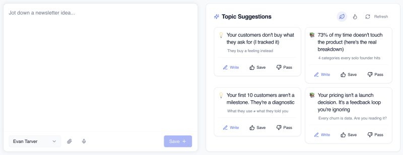 Flyletter Ideas area showing saved ideas alongside evergreen and timely topic suggestions