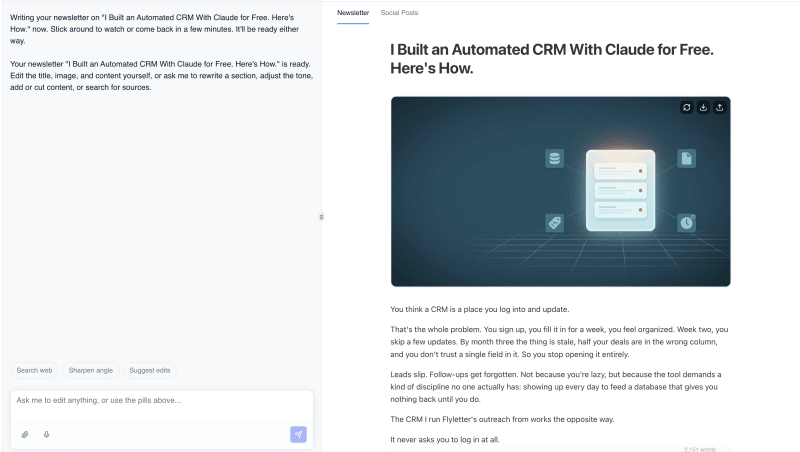 Flyletter Newsletter Studio with the refinement chat on the left and the newsletter draft in the editor on the right