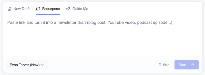Flyletter repurposing input accepting a URL, a YouTube video, and pasted source material