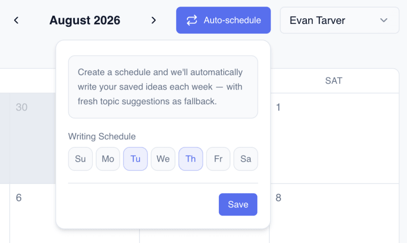 Flyletter Auto-Write settings with day-of-week toggles for scheduled newsletter drafting